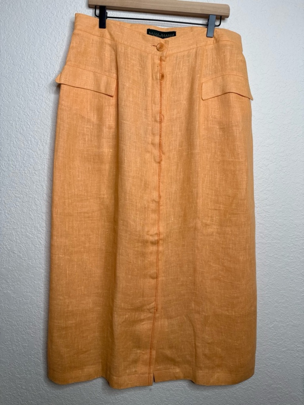 Harve Benard Vintage 100% Linen Button-Front Midi Skirt Size 14 Orange Peach